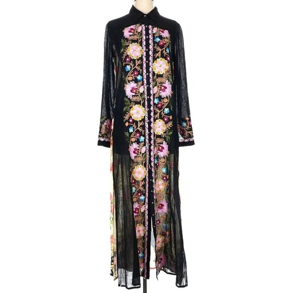 Aratta Floral Embroidered Black Maxi Long Sheer Kimono XS/S Duster Dress - Picture 3 of 17